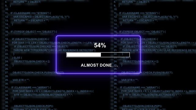 Dynamic digital progress bar loading animation overlaid on scrolling software source code background, representing data processing, system installation, software development, and modern computing