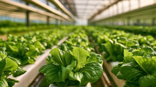 Indoor hydroponic green lettuce growing in rows under natural light in a modern greenhouse environment