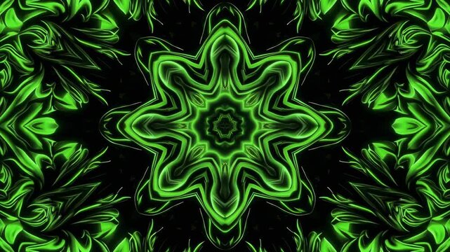 Hypnotic green kaleidoscope background with fractal forest motifs and symmetrical ethnic patterns creating a glowing psychedelic visual effect