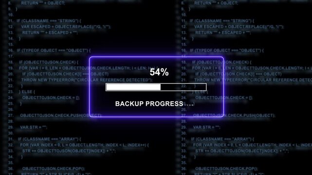 Dynamic digital backup progress bar overlay with scrolling software source code background, for high-tech cybersecurity, data processing, cloud, computing, and software, development presentations