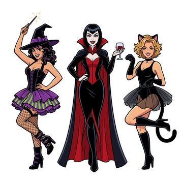 Three women in Halloween costumes witch vampire and cat girl
