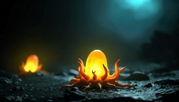 Small Alien Organism Protecting a Glowing Egg