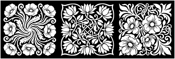 Fototapeta premium floral pattern ornament vintage botanical flower leaf square print border design lotus poppy sunflower daisy motif repeat graphic retro ornate nature artwork detailed traditional elegance template