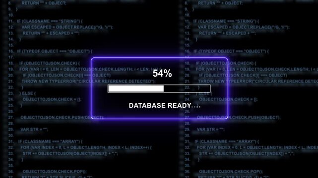 Dynamic digital progress bar loading interface overlaid on scrolling software source code background, for high-tech computing, data processing, system, initialization, and advanced, cyber security