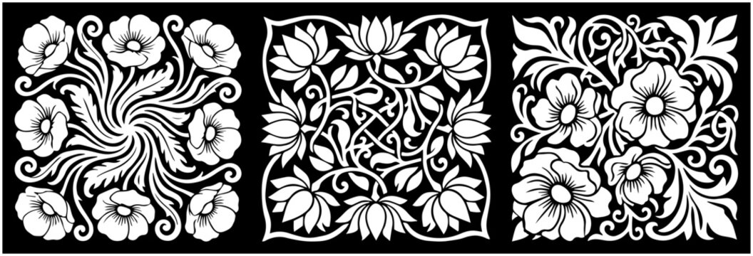 floral pattern ornament vintage botanical flower leaf square print border design lotus poppy sunflower daisy motif repeat graphic retro ornate nature artwork detailed traditional elegance template