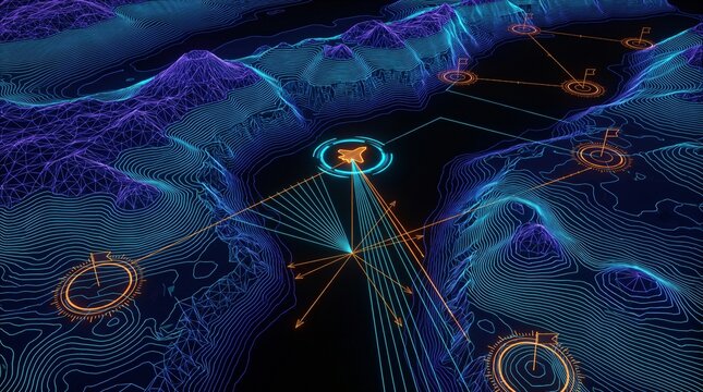 Oceanic bathymetric survey interface displaying volcanic island arc and submarine subduction trench wireframe elevation mesh with exploration drone sonar telemetry target tracking hud