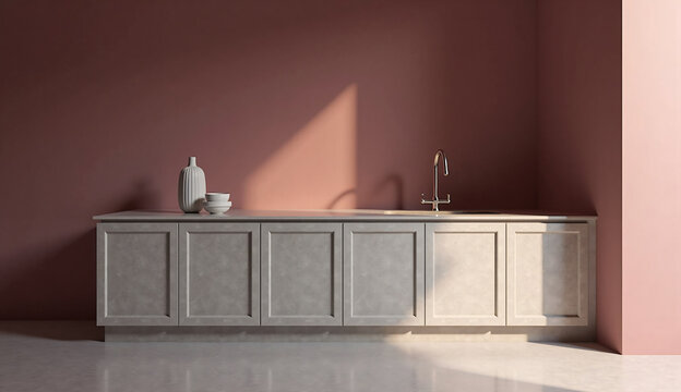 a white and pink wall with a white sink