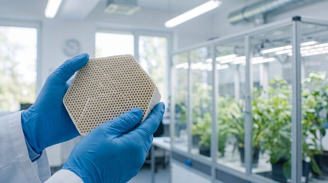 Scientist holding ceramic honeycomb filter substrate in laboratory with indoor plant growth chamber
