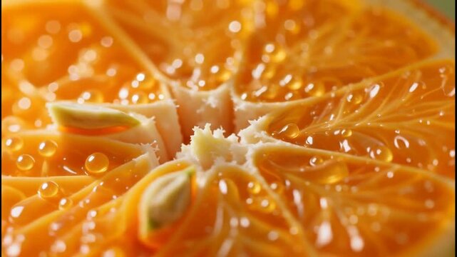 Close-up macro shot of a vibrant orange slice with glistening juice droplets and visible seeds
