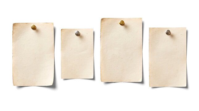 Vintage Blank Paper Notes with Pushpins, Aged Memo Sheets and Antique Parchment Card Mockup Isolated on Transparent Background