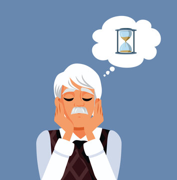 Elderly Man Worrying Deeply About Rapid Passing Of Time. Anxious senior citizen holding his face while thinking about aging and fleeting moments.