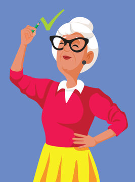 Smiling Senior Woman Drawing Check Mark For Right Answer Concept. Elderly lady wearing glasses holds a pencil celebrating correctness with checkbox sign 
