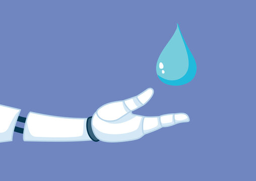 Humanoid Robot Hand Catching Water Drop Simulating AI Consumption Concept. Futuristic robotic arm reaching out to catch a clean liquid droplet symbolizing resources