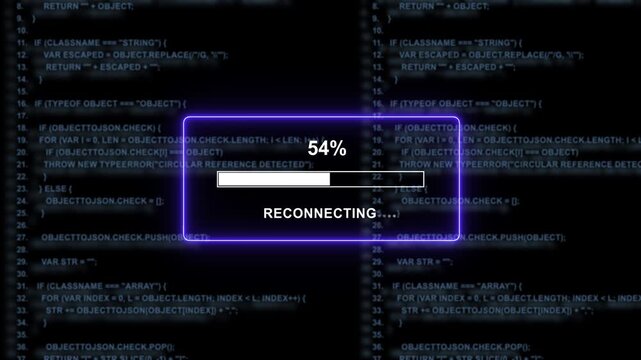 Dynamic digital reconnecting progress bar overlay with scrolling software source code background, for high-tech cyber, security, network connectivity, issues, and advanced, programming software