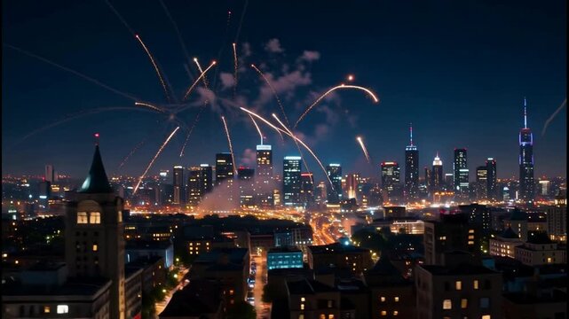 Fireworks exploding over a vibrant city skyline at night with illuminated buildings and traffic below