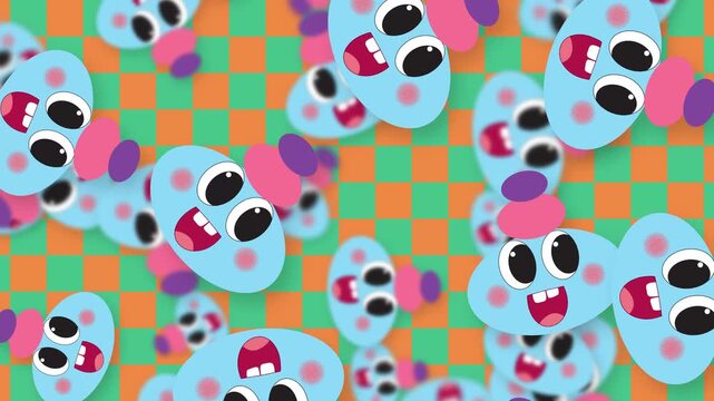 Playful Blue Cartoon Characters Falling Over Orange and Green Checkerboard Background