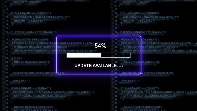 Dynamic digital progress bar loading interface with glowing neon ui overlaid on scrolling software source code background, for modern tech, presentations, cybersecurity, and, software development