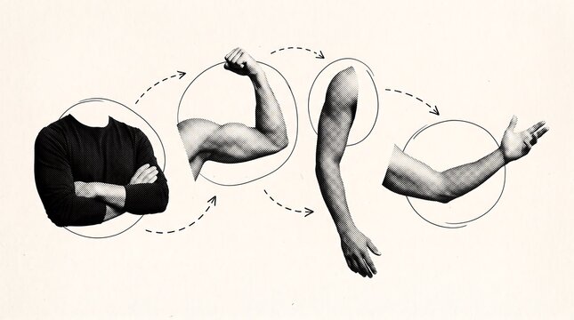 Human arm movement sequence illustration with halftone texture and copy space