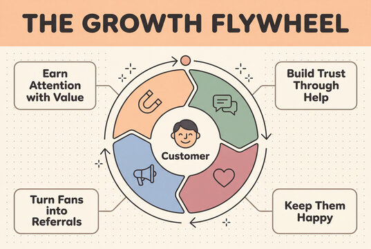 The Growth Flywheel infographics: A visual representation of a business growth flywheel, illustrating the customer journey from earning attention to building trust, keeping them happy.