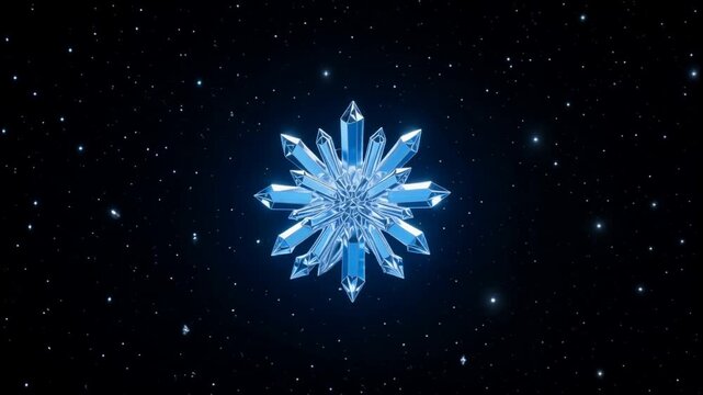 Animated crystal snowflake rotates against starry background with floating fragments