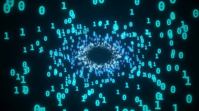 Abstract digital tunnel of binary code flying through space