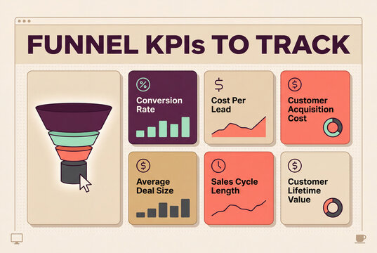 Funnel KPIs to Track: An infographic illustrating key performance indicators (KPIs) essential for monitoring and optimizing a sales or marketing funnel, featuring conversion rate, cost per lead.
