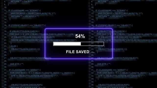 Dynamic digital progress bar loading animation overlaid on scrolling software source code background, representing file saving process, data processing, system update, and cyber security technology