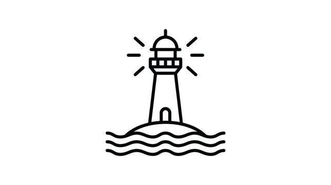 Minimalist black outline lighthouse vector icon featuring glowing light rays and ocean waves illustration
