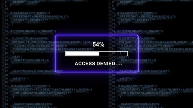 Cyber security breach alert featuring a glowing progress loading bar with access denied text overlaying complex programming source code background, for high-tech digital, network protection concepts
