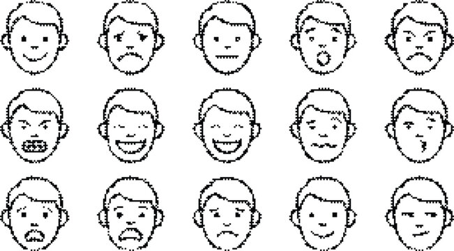 Dithered black and white pixel set of fifteen human faces showing various emotions and expressions, isolated on a white background