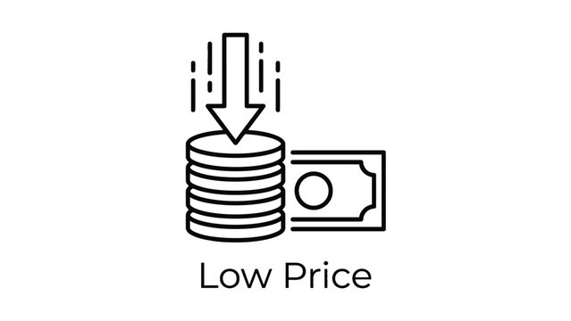 Minimalist financial concept icon featuring downward arrow stacks of coins and paper currency banknote