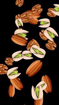 Vertical Animation of Mixed Nuts Falling Against a Black Background