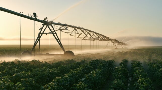 Large agricultural field irrigation system using pivot sprinkler spraying water over green leafy vegetable crop during early morning mist