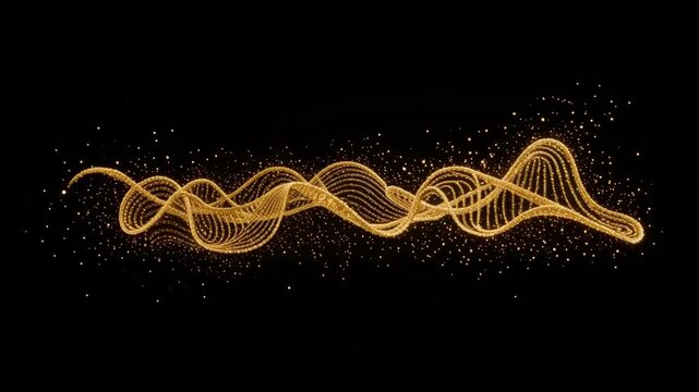 Golden particle wave flowing horizontally against black background with sparkling bokeh effect