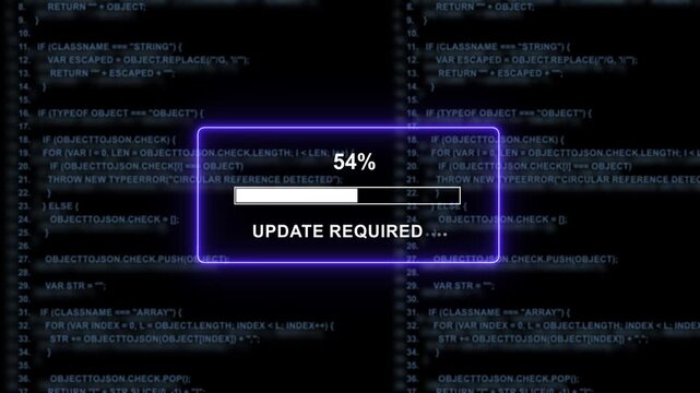 Dynamic digital progress bar loading interface with scrolling programming source code background, featuring an urgent, system update required, notification for modern, software development and cyber