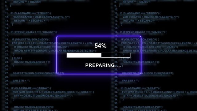 Dynamic digital loading progress bar animation featuring scrolling software source code background, for modern tech, interfaces, cyber security, data processing, and, futuristic computing system user