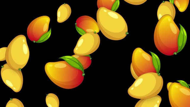 Animated Falling Ripe Mangoes with Green Leaves on Black Background