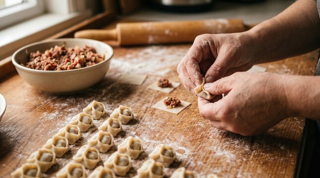 Woman making traditional manti dumplings on a wooden kitchen table