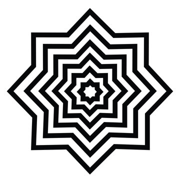 A bold black and white geometric Islamic star pattern inspired by the traditional Rub el Hizb (۞) and octagram motif, featuring expanding concentric jagged lines that create a modernArt & Illustration