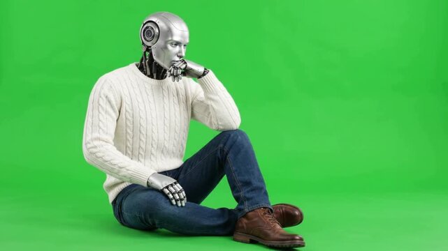 Humanoid Robot Sitting Thoughtfully on Green Screen