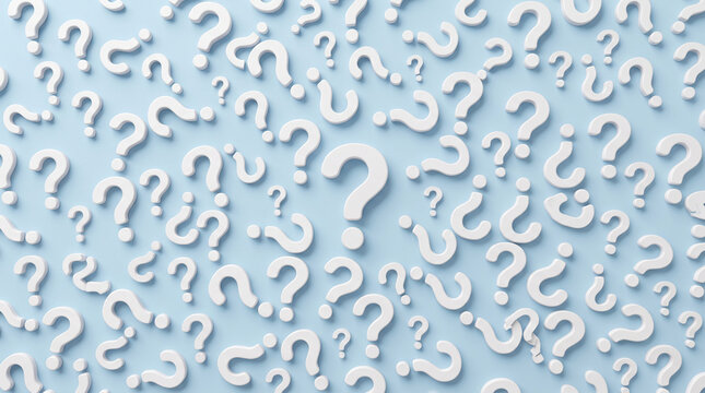 3d render of many white question marks scattered on a light blue background, representing confusion, curiosity, and problem solving