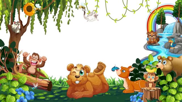 Cartoon Forest Animals Border Frame with Blank White Copy Space