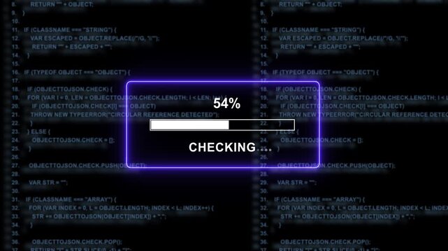Dynamic digital progress bar interface with advancing percentage counter overlaying complex abstract software source code background, for high-tech cybersecurity, and advanced data processing