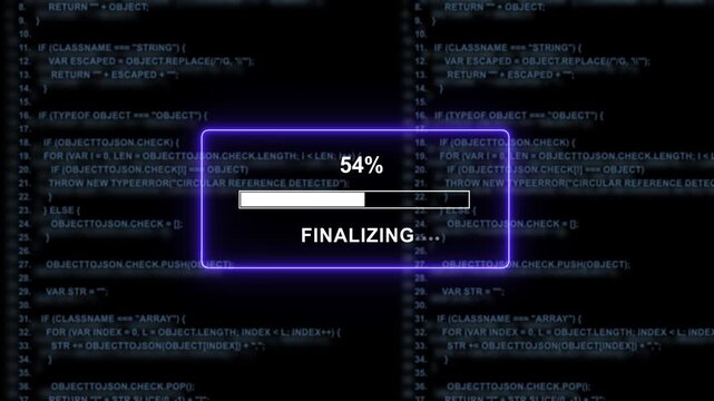 Dynamic digital progress bar loading animation with glowing purple ui frame overlaid on scrolling software source code background, for high-tech programming, data processing, and, software development