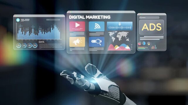 A futuristic robotic hand interacts with digital marketing displays, showcasing data and analytics in a virtual environment perfect for tech-oriented visuals. Salient