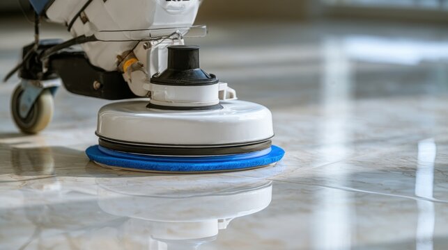 Close-up shot of professional floor cleaning machine polishing shiny reflective marble surface with blue buffer pad and caster wheel