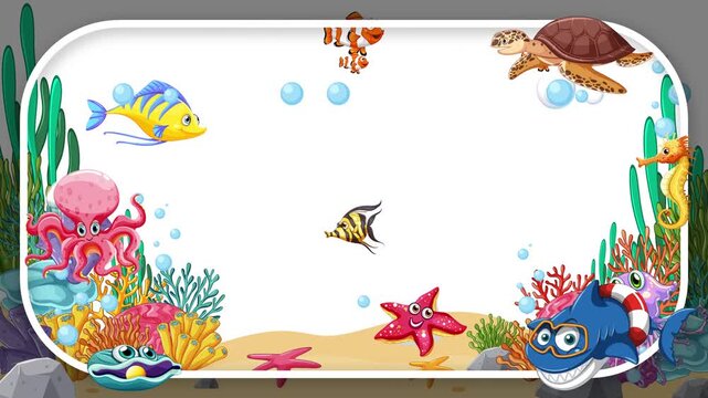 Cartoon Underwater Sea Life Frame with Blank White Copy Space