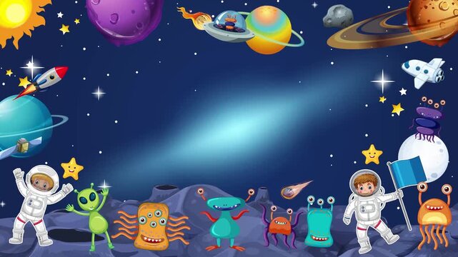 Cartoon Outer Space Background Loop with Astronauts and Aliens