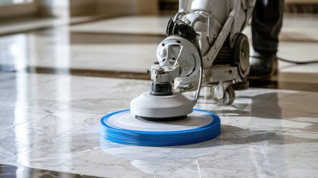 Close-up of professional floor polishing machine cleaning shiny marble tile floor with industrial equipment in indoor space