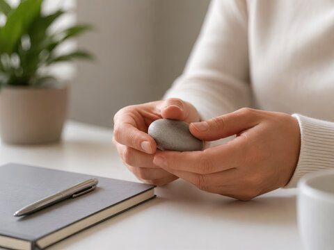 A woman gently rotates a smooth grey stone in her hands, lost in contemplation on a light-colored table.